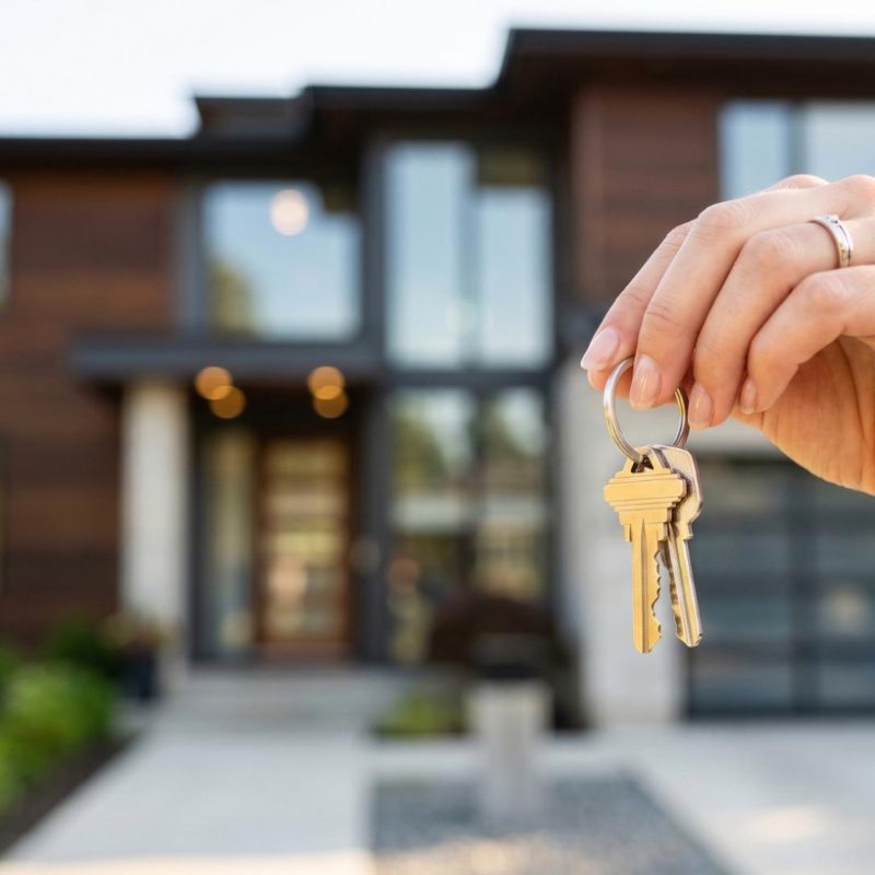 Agent immobilier offrant des clés de maison devant une maison moderne, symbolisant la propriété